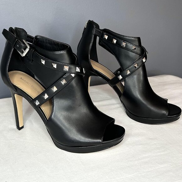 Marc Fisher Shoes Black Mahiya2 Studded Peep Toe Heels Booties - Picture 11 of 16